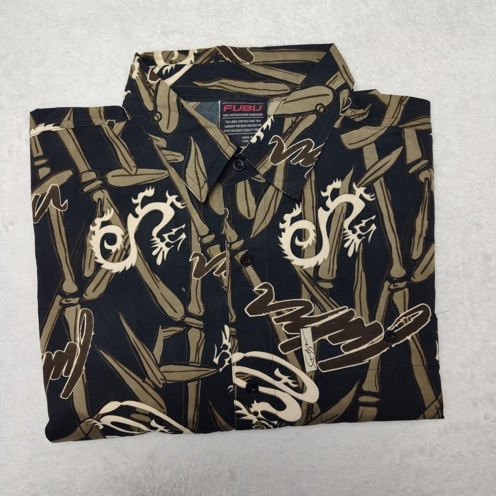 Vintage FUBU Shirt Mens L Black Y2K Graphic Button Up Relaxed Polyester Long